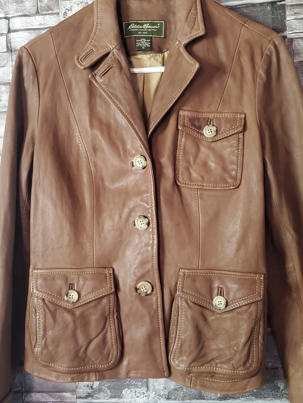 Eddie Bauer Brown Leather Moto Jacket Vintage Button-up Punk Gothic Rock Y2K Med - Picture 3 of 13